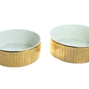 Vintage Gold Ceramic Souffle Dishes, Planter Pots Catch All Ridged Edge